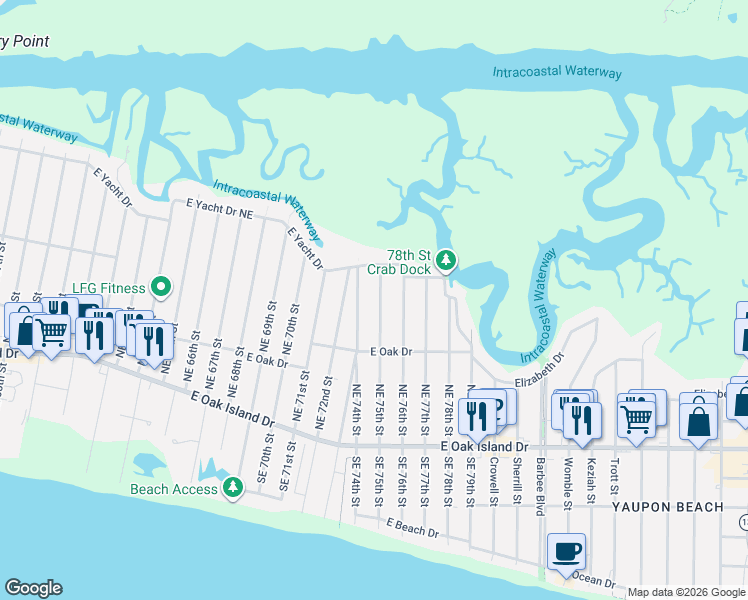 map of restaurants, bars, coffee shops, grocery stores, and more near 221 NE 75th St in Oak Island