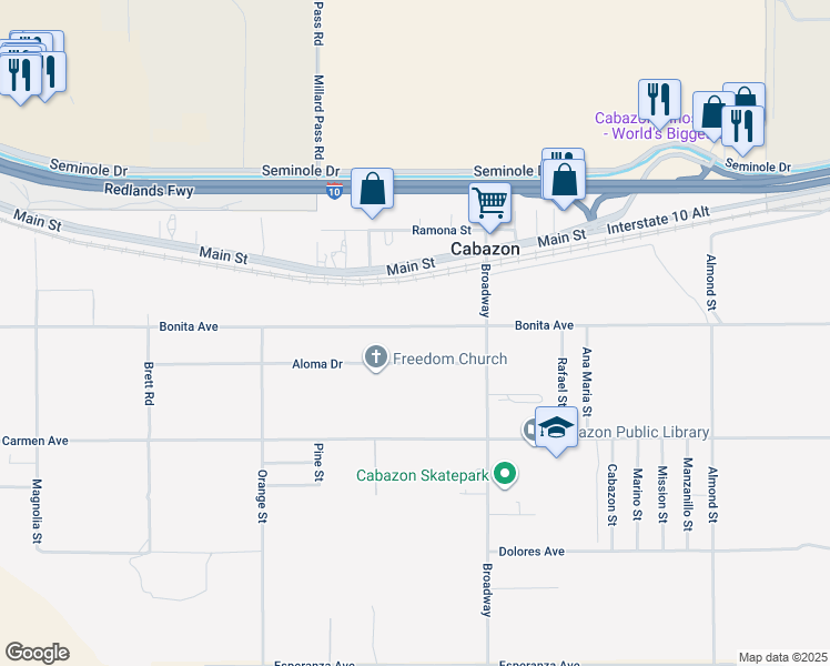 map of restaurants, bars, coffee shops, grocery stores, and more near 50217 Bonita Avenue in Cabazon