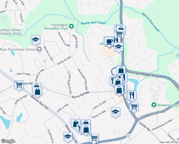 map of restaurants, bars, coffee shops, grocery stores, and more near 683 Huntington Way Northwest in Lilburn