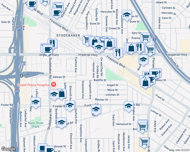 map of restaurants, bars, coffee shops, grocery stores, and more near 11313 Ratliffe Street in Norwalk