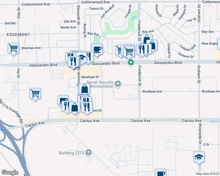 map of restaurants, bars, coffee shops, grocery stores, and more near 14225 Corporate Way in Moreno Valley