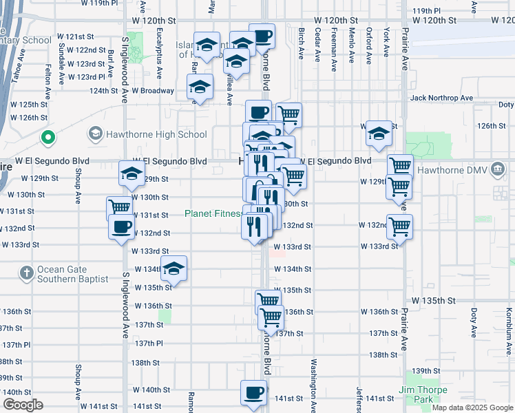 map of restaurants, bars, coffee shops, grocery stores, and more near 13107 Hawthorne Boulevard in Hawthorne