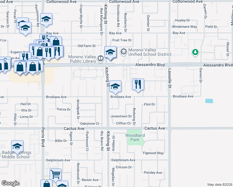 map of restaurants, bars, coffee shops, grocery stores, and more near 25570 Brodiaea Avenue in Moreno Valley