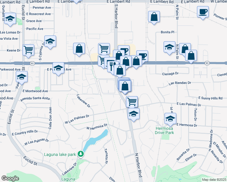 map of restaurants, bars, coffee shops, grocery stores, and more near 1401 South Harbor Boulevard in La Habra