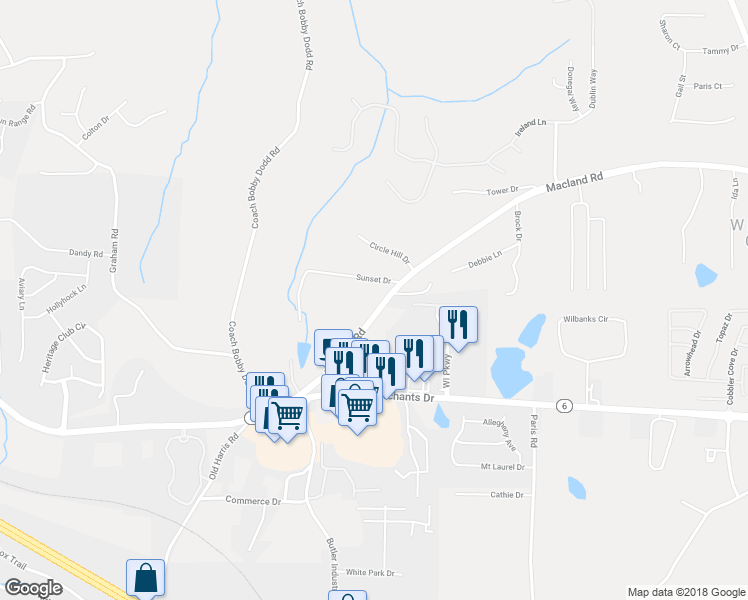 map of restaurants, bars, coffee shops, grocery stores, and more near 315 Macland Road in Dallas