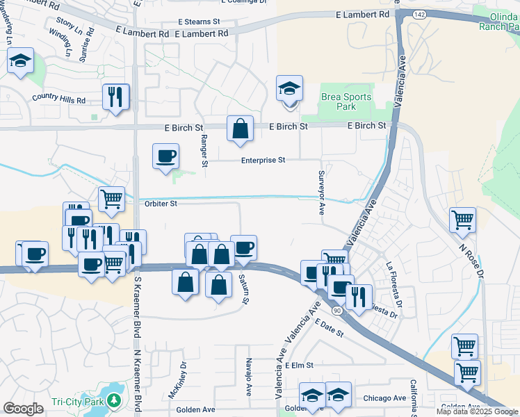 map of restaurants, bars, coffee shops, grocery stores, and more near 408 Saturn Street in Brea