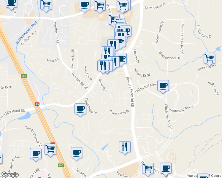 map of restaurants, bars, coffee shops, grocery stores, and more near 1003 Wynnes Ridge Circle in Marietta