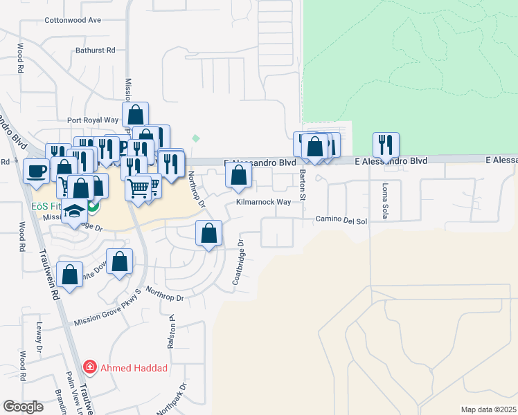 map of restaurants, bars, coffee shops, grocery stores, and more near 7601 Saint Andrews Drive in Riverside