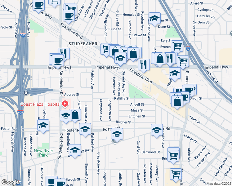 map of restaurants, bars, coffee shops, grocery stores, and more near 11313 Ratliffe Street in Norwalk