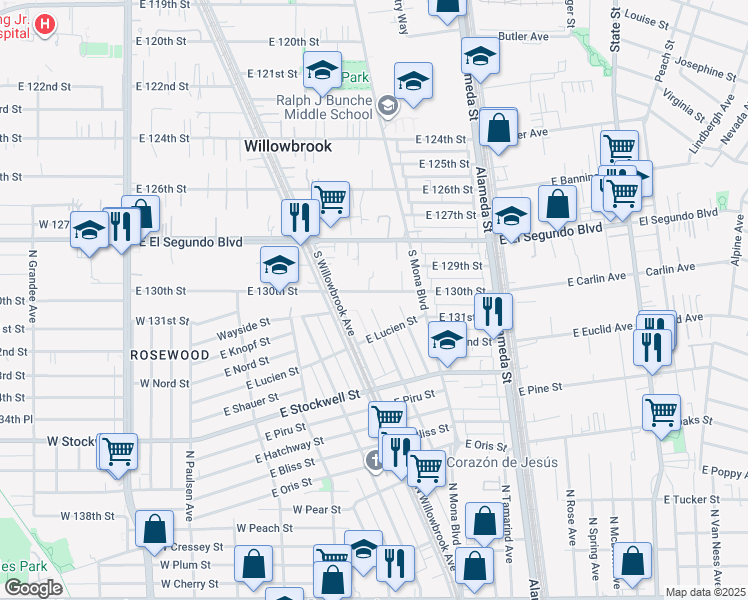 map of restaurants, bars, coffee shops, grocery stores, and more near 13113 South Largo Avenue in Compton