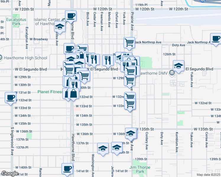 map of restaurants, bars, coffee shops, grocery stores, and more near 13101 Jefferson Avenue in Hawthorne