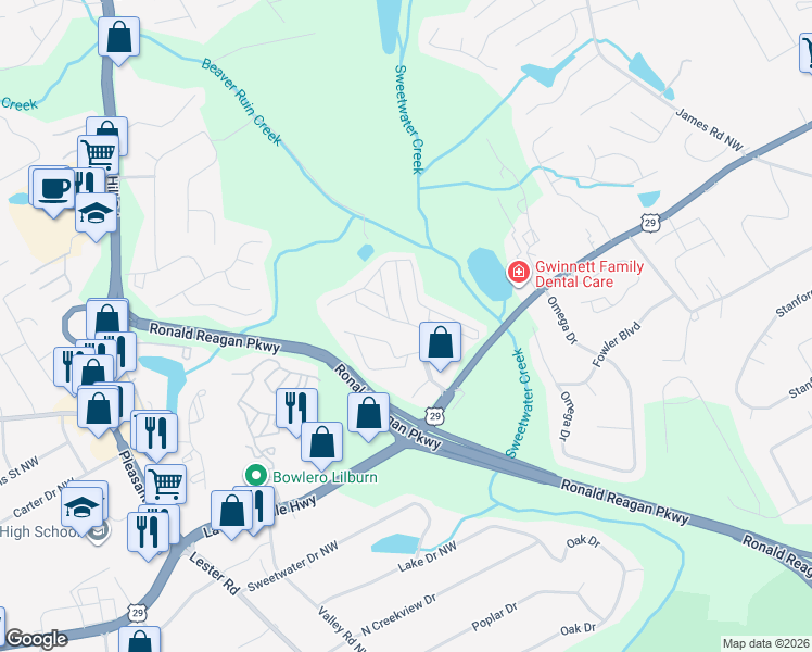 map of restaurants, bars, coffee shops, grocery stores, and more near 41 West Meadowlark Lane in Lawrenceville