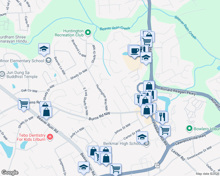 map of restaurants, bars, coffee shops, grocery stores, and more near 683 Huntington Way Northwest in Lilburn