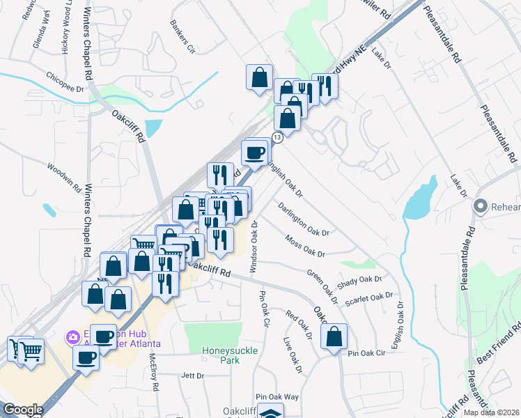 map of restaurants, bars, coffee shops, grocery stores, and more near 4122 Windsor Oak Drive in Doraville