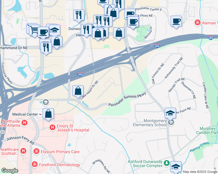 map of restaurants, bars, coffee shops, grocery stores, and more near 3003 Summit Boulevard Northeast in Atlanta