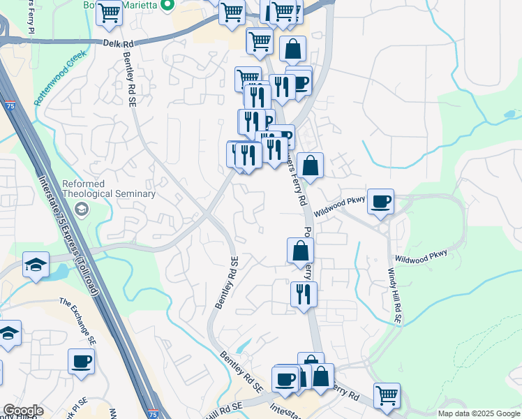 map of restaurants, bars, coffee shops, grocery stores, and more near 1008 Wynnes Ridge Circle in Marietta