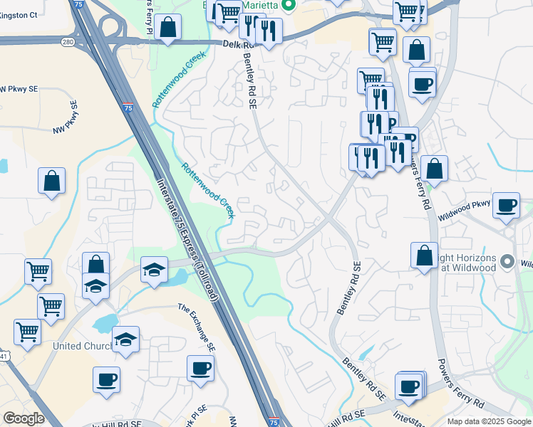 map of restaurants, bars, coffee shops, grocery stores, and more near 1619 Bridge Mill Drive in Marietta