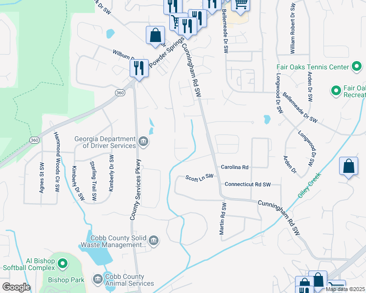map of restaurants, bars, coffee shops, grocery stores, and more near 836 Pastel Drive Southwest in Marietta