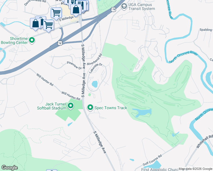 map of restaurants, bars, coffee shops, grocery stores, and more near 2070 Lakeside Drive in Athens