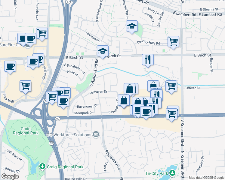 map of restaurants, bars, coffee shops, grocery stores, and more near 412 Devonshire Drive in Brea
