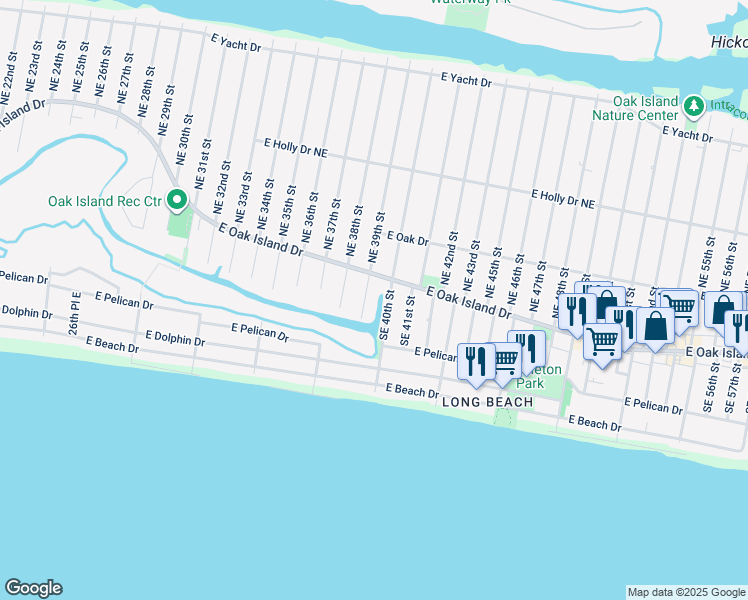 map of restaurants, bars, coffee shops, grocery stores, and more near 106 Southeast 39th Street in Oak Island