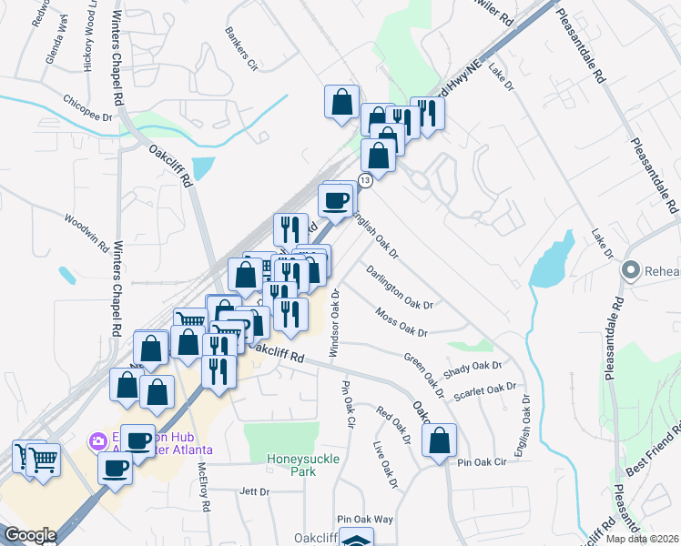 map of restaurants, bars, coffee shops, grocery stores, and more near 4122 Windsor Oak Drive in Doraville