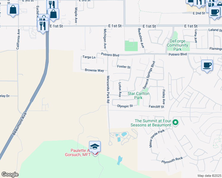 map of restaurants, bars, coffee shops, grocery stores, and more near 189 Loma Avenue in Beaumont