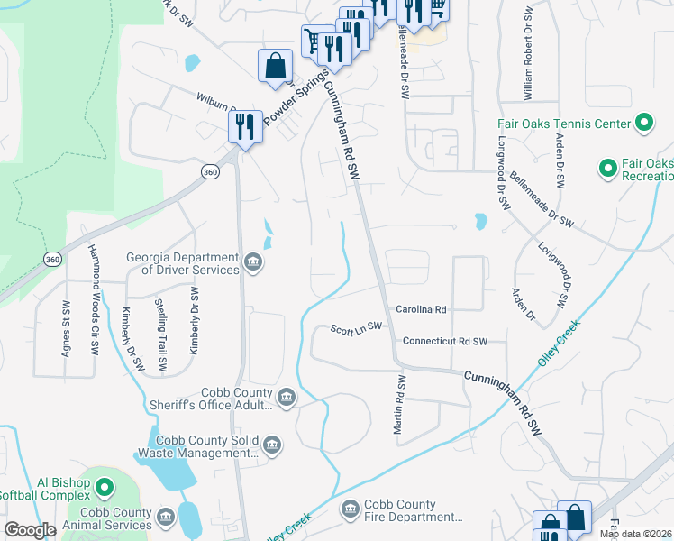 map of restaurants, bars, coffee shops, grocery stores, and more near 874 Ventnor Place Southwest in Marietta