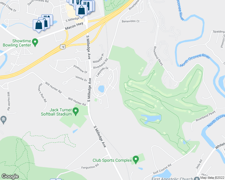map of restaurants, bars, coffee shops, grocery stores, and more near 2050 Lakeside Drive in Athens