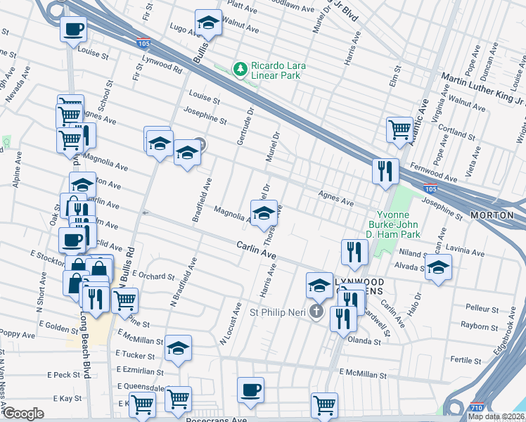 map of restaurants, bars, coffee shops, grocery stores, and more near 12120 Muriel Drive in Lynwood