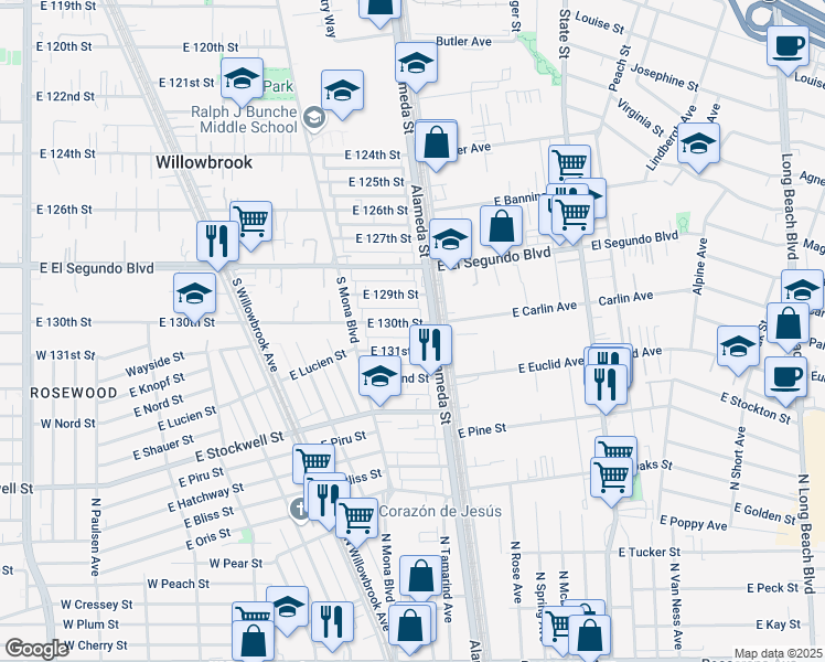 map of restaurants, bars, coffee shops, grocery stores, and more near 2620 East 131st Street in Compton