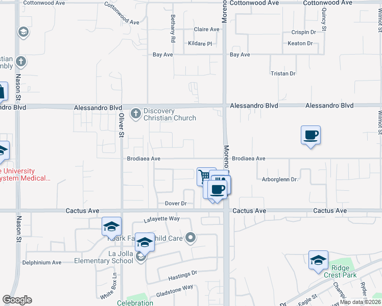 map of restaurants, bars, coffee shops, grocery stores, and more near 27861 Solitude Avenue in Moreno Valley