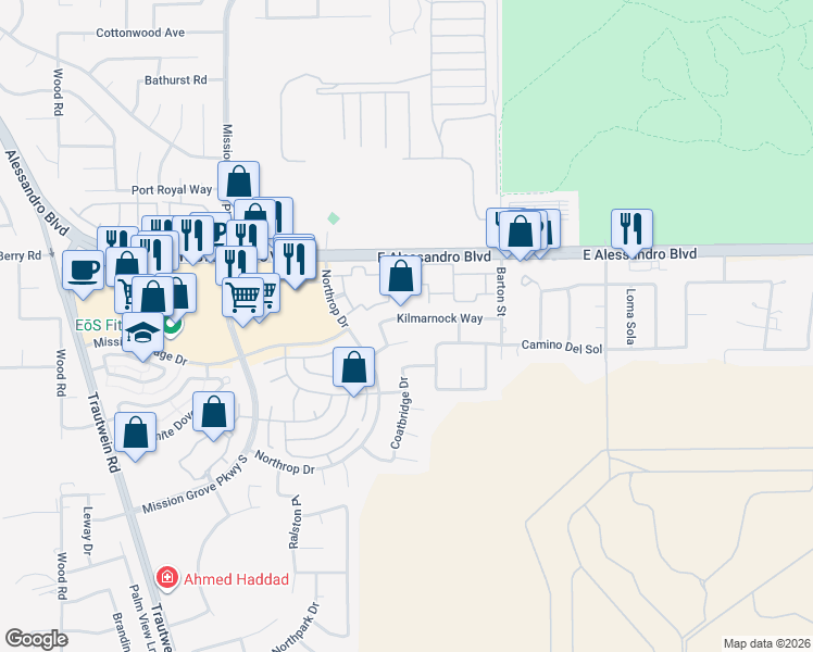 map of restaurants, bars, coffee shops, grocery stores, and more near 831 Kilmarnock Way in Riverside