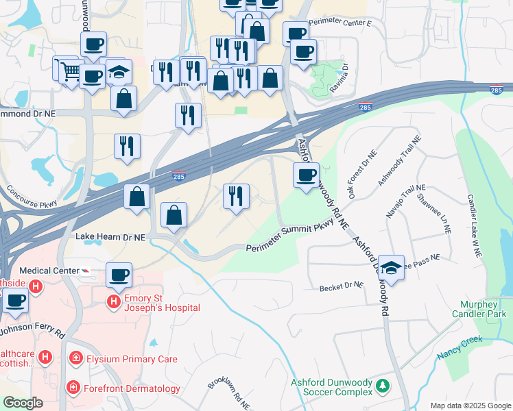 map of restaurants, bars, coffee shops, grocery stores, and more near 10 Perimeter Summit Boulevard in Atlanta