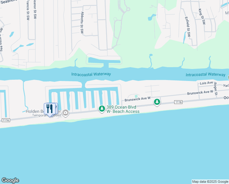map of restaurants, bars, coffee shops, grocery stores, and more near 119 Lumberton Street in Holden Beach