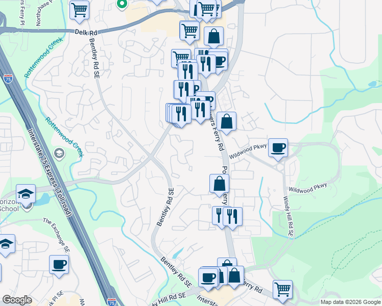 map of restaurants, bars, coffee shops, grocery stores, and more near 903 Wynnes Ridge Circle in Marietta
