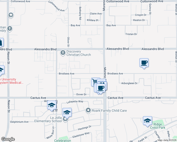 map of restaurants, bars, coffee shops, grocery stores, and more near 27861 Solitude Avenue in Moreno Valley