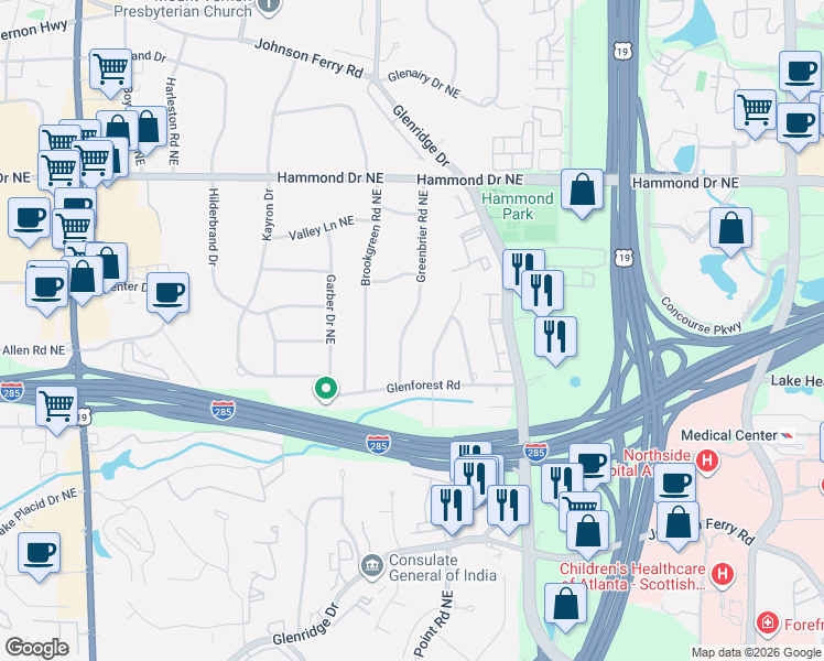 map of restaurants, bars, coffee shops, grocery stores, and more near 5815 Greenbrier Road Northeast in Atlanta