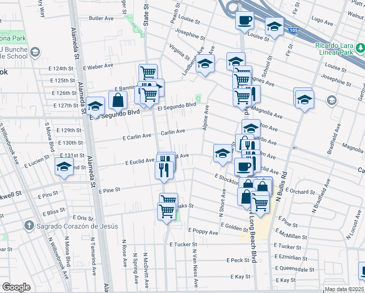 map of restaurants, bars, coffee shops, grocery stores, and more near 3161 Euclid Avenue in Lynwood