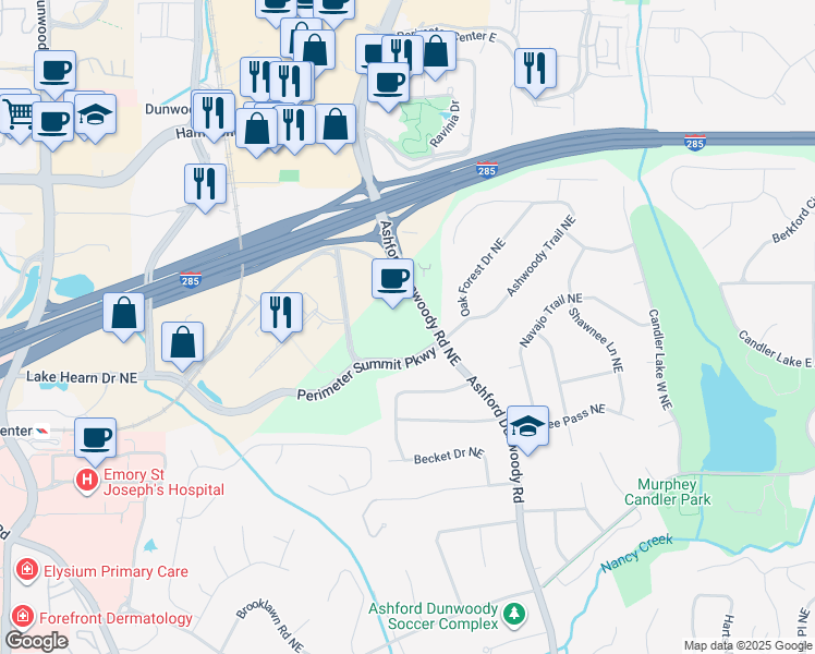 map of restaurants, bars, coffee shops, grocery stores, and more near 4150 Ashford Dunwoody Road in Brookhaven
