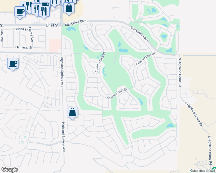 map of restaurants, bars, coffee shops, grocery stores, and more near 1252 Laguna Seca Court in Banning