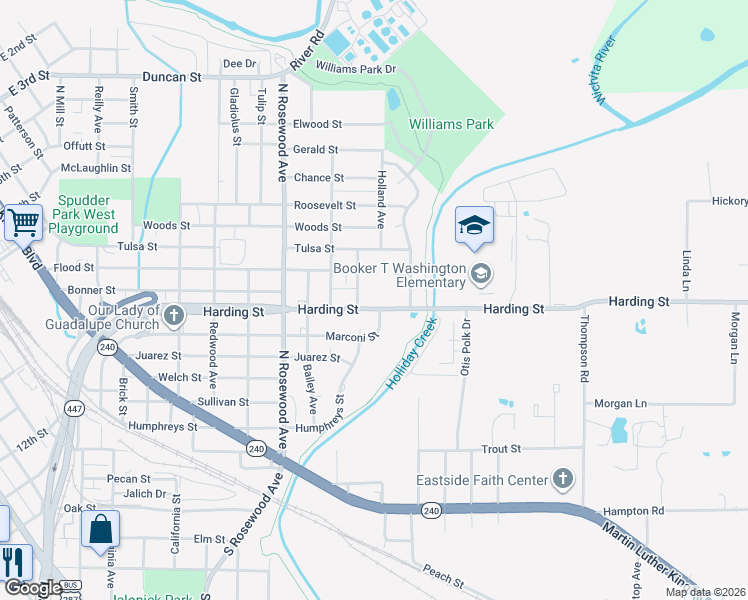 map of restaurants, bars, coffee shops, grocery stores, and more near 1106 Harding Street in Wichita Falls