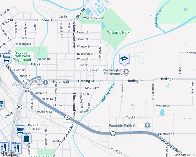 map of restaurants, bars, coffee shops, grocery stores, and more near 1106 Harding Street in Wichita Falls