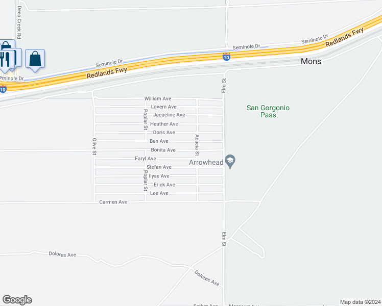 map of restaurants, bars, coffee shops, grocery stores, and more near Faryl Avenue in Cabazon
