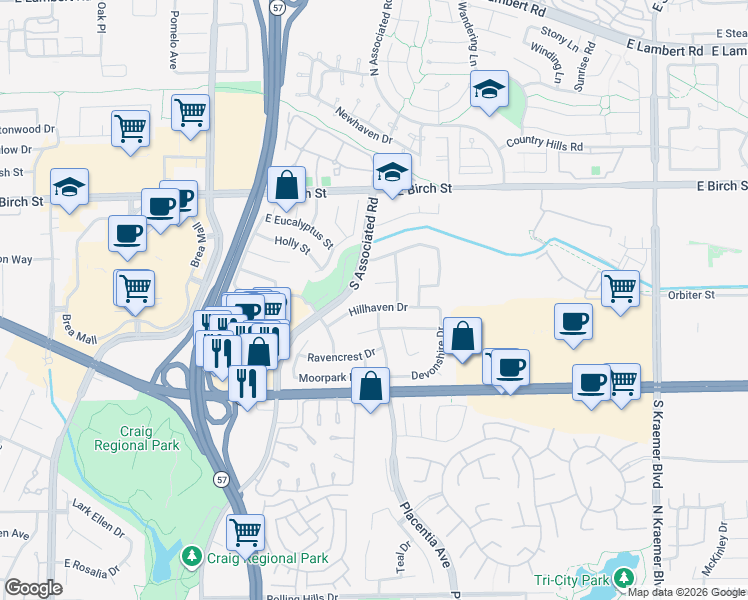 map of restaurants, bars, coffee shops, grocery stores, and more near 1941 Hillhaven Drive in Brea
