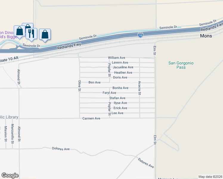 map of restaurants, bars, coffee shops, grocery stores, and more near Bonita Avenue in Cabazon