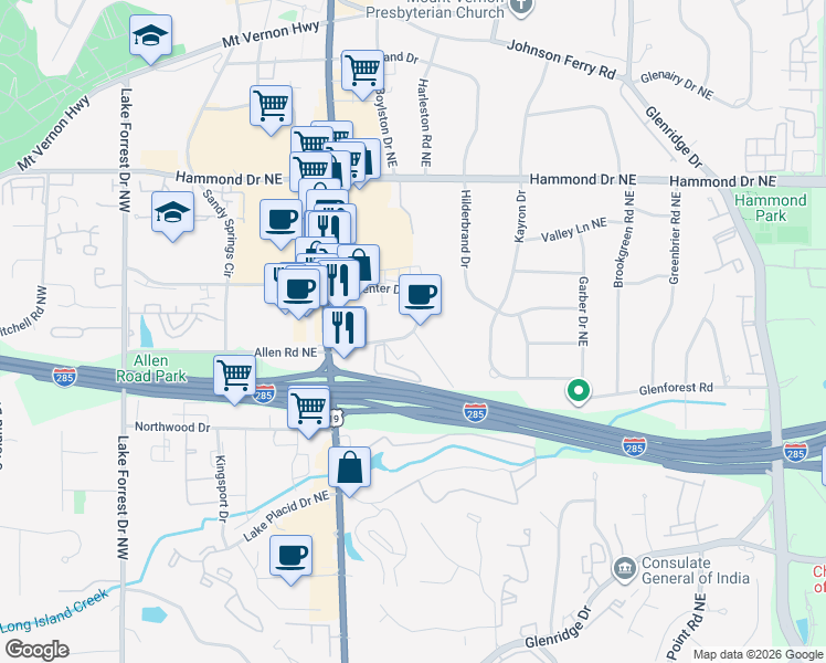map of restaurants, bars, coffee shops, grocery stores, and more near 6097 Mountain Creek Road Northeast in Sandy Springs