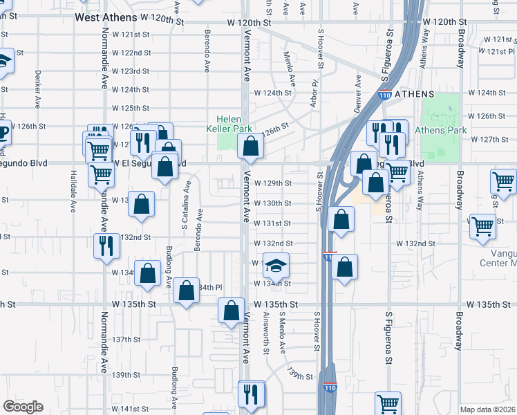 map of restaurants, bars, coffee shops, grocery stores, and more near 840 West 130th Street in Gardena