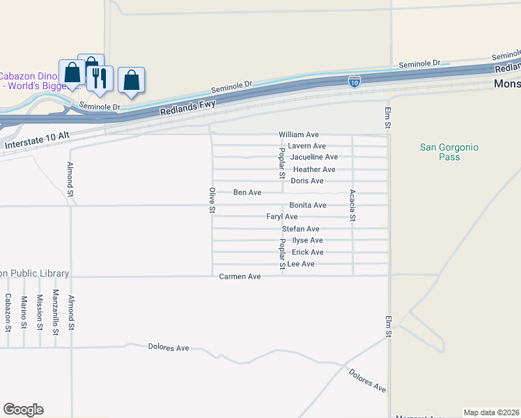 map of restaurants, bars, coffee shops, grocery stores, and more near Bonita Avenue in Cabazon