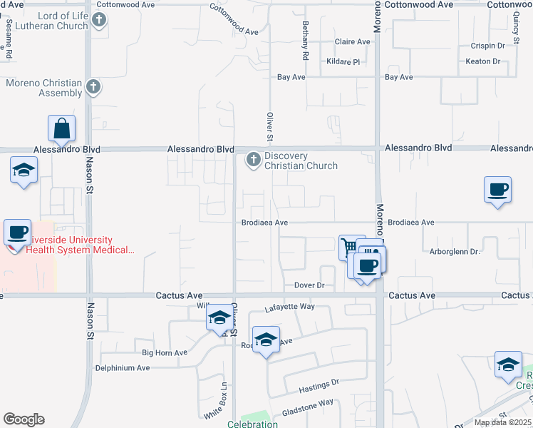 map of restaurants, bars, coffee shops, grocery stores, and more near 14180 Astra Street in Moreno Valley